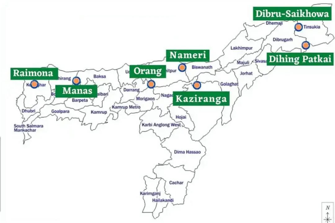 Assam Map with National Parks